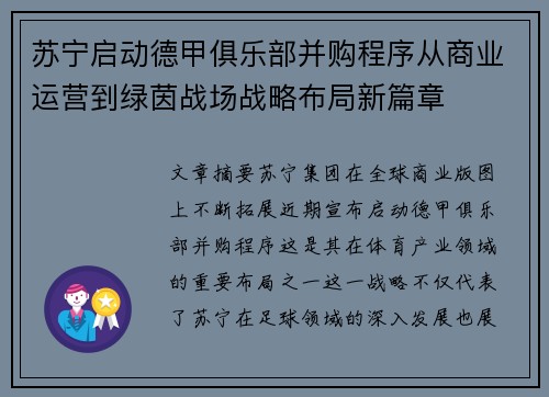 苏宁启动德甲俱乐部并购程序从商业运营到绿茵战场战略布局新篇章