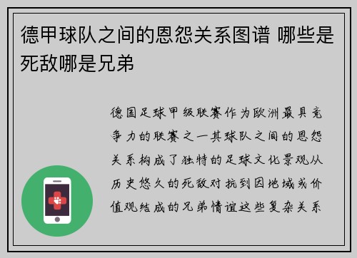 德甲球队之间的恩怨关系图谱 哪些是死敌哪是兄弟
