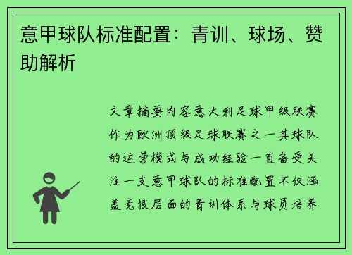 意甲球队标准配置：青训、球场、赞助解析